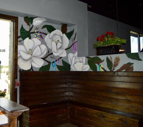 “Mardi Gras Magnolias” Right Entrance mural at Tad’s Louisiana Cooking Restaurant- Katy, TexS
